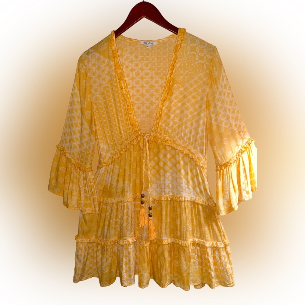 blue island Yellow Printed Boho Tie-Front Dress